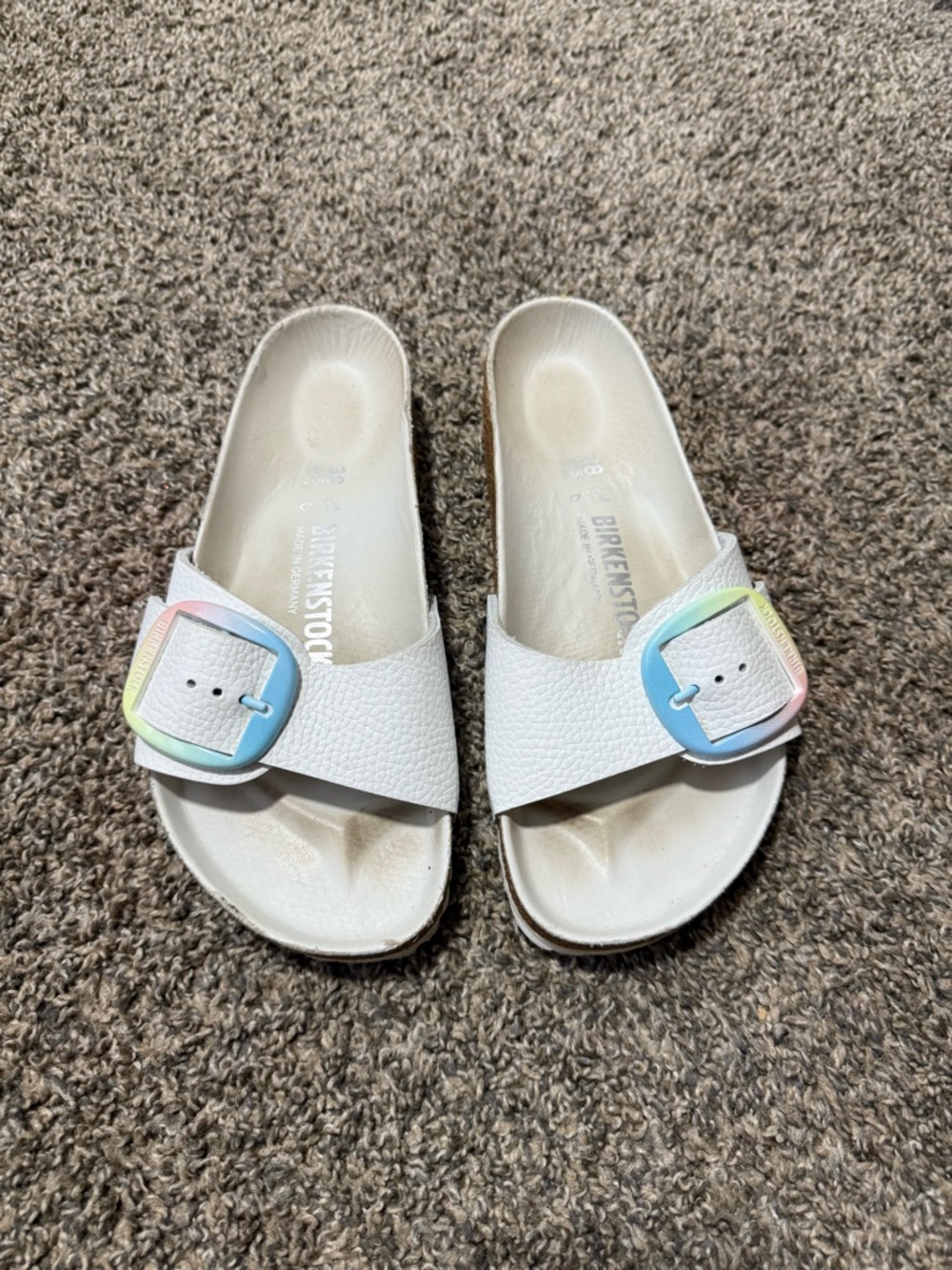 Birkenstock White Slide Sandals with Pastel Ombre Buckles - Picture 2 of 6